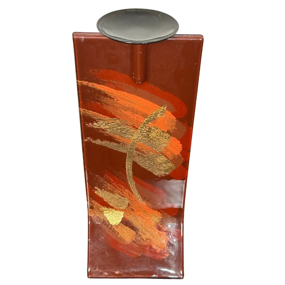 Candle Holder Modern Abstract Art Brown Gold Orange Brushstroke Unique Decor